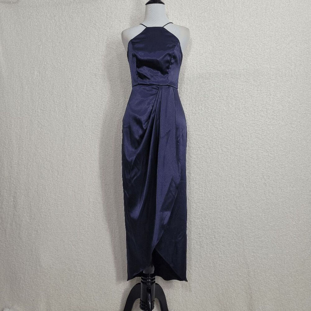 After Six 6829 Stretch Midnight Navy Charmeuse Halter Tulip Skirt Midi Dress 6R